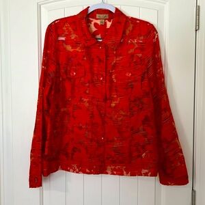 Peck & Peck, XL, orange, organza, cut out, floral, semi-sheer, jacket, colorful